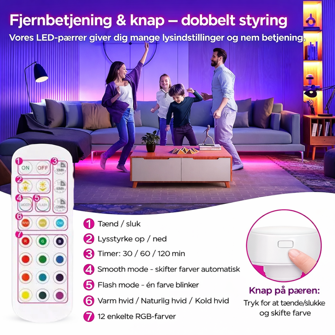 HyggeGlow™  - Trådløs LED-lampe med farver, dæmpning og fuld stemningskontrol