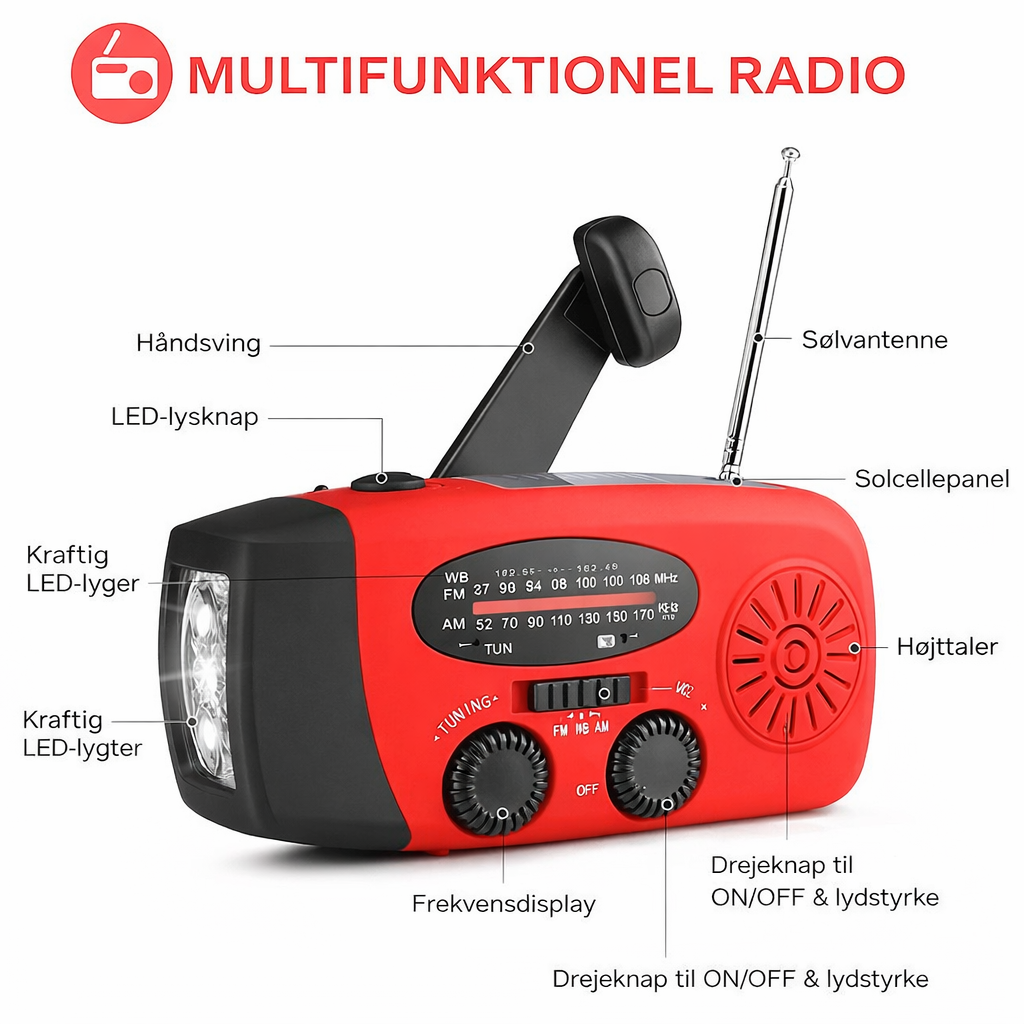 NødRadio™ – Multifunktionel solcelledrevet nødradio med oplader