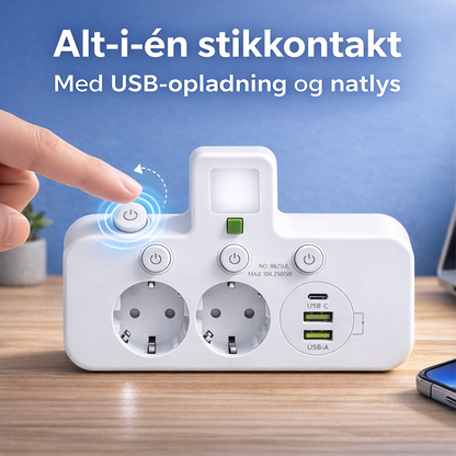 StrømHub™ – Alt-i-én stikdåse med USB-opladning og blødt natlys