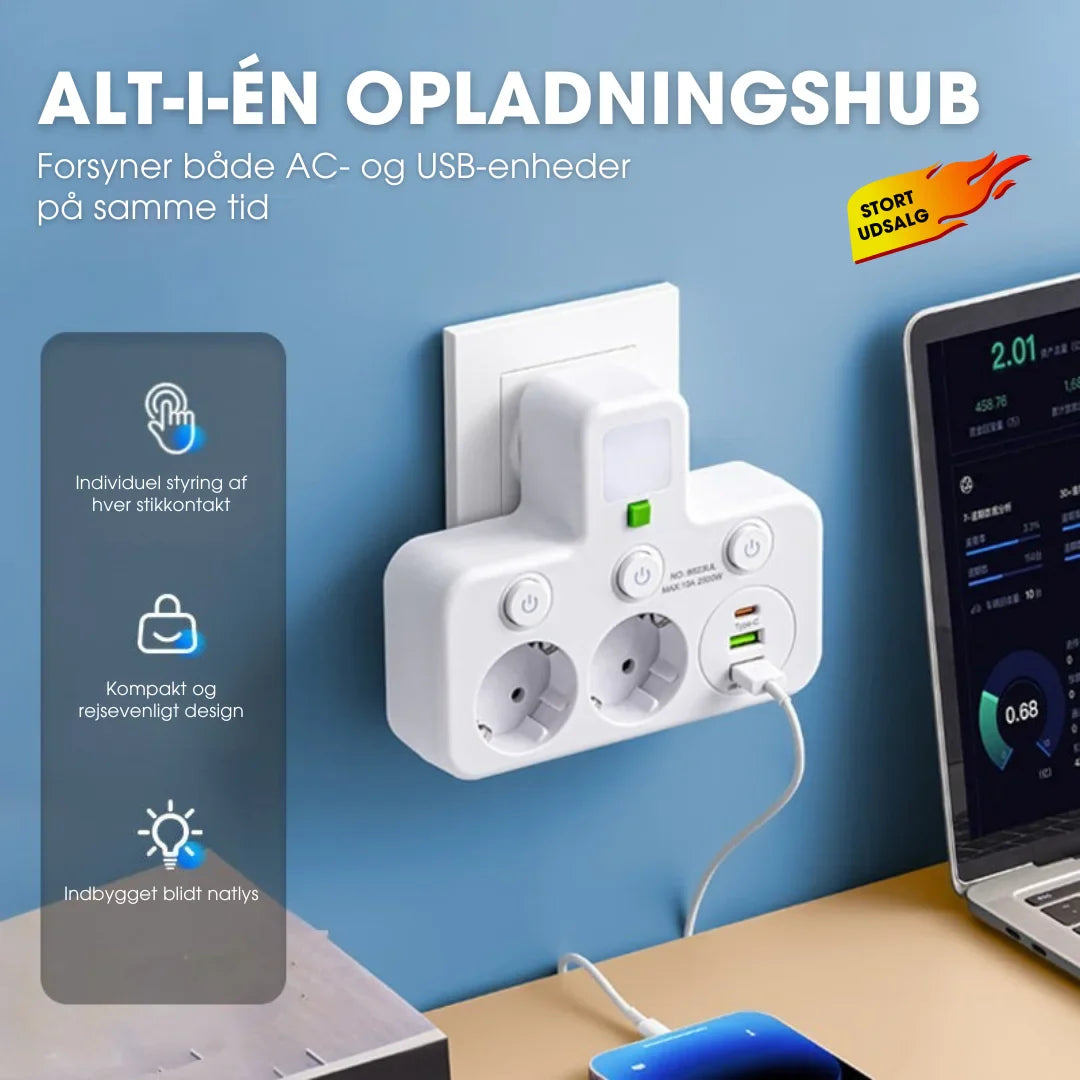 StrømHub™ – Alt-i-én stikdåse med USB-opladning og blødt natlys