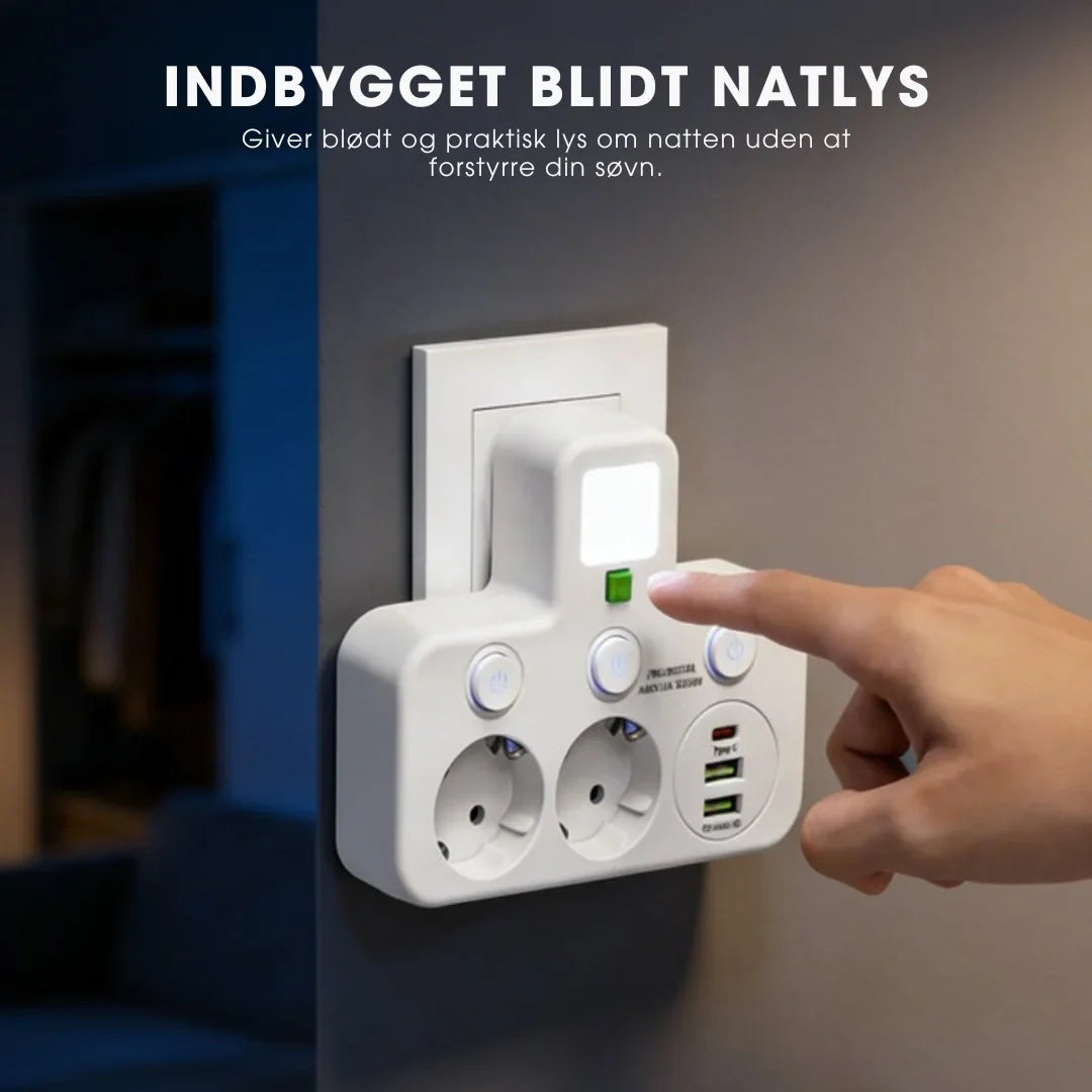 StrømHub™ – Alt-i-én stikdåse med USB-opladning og blødt natlys